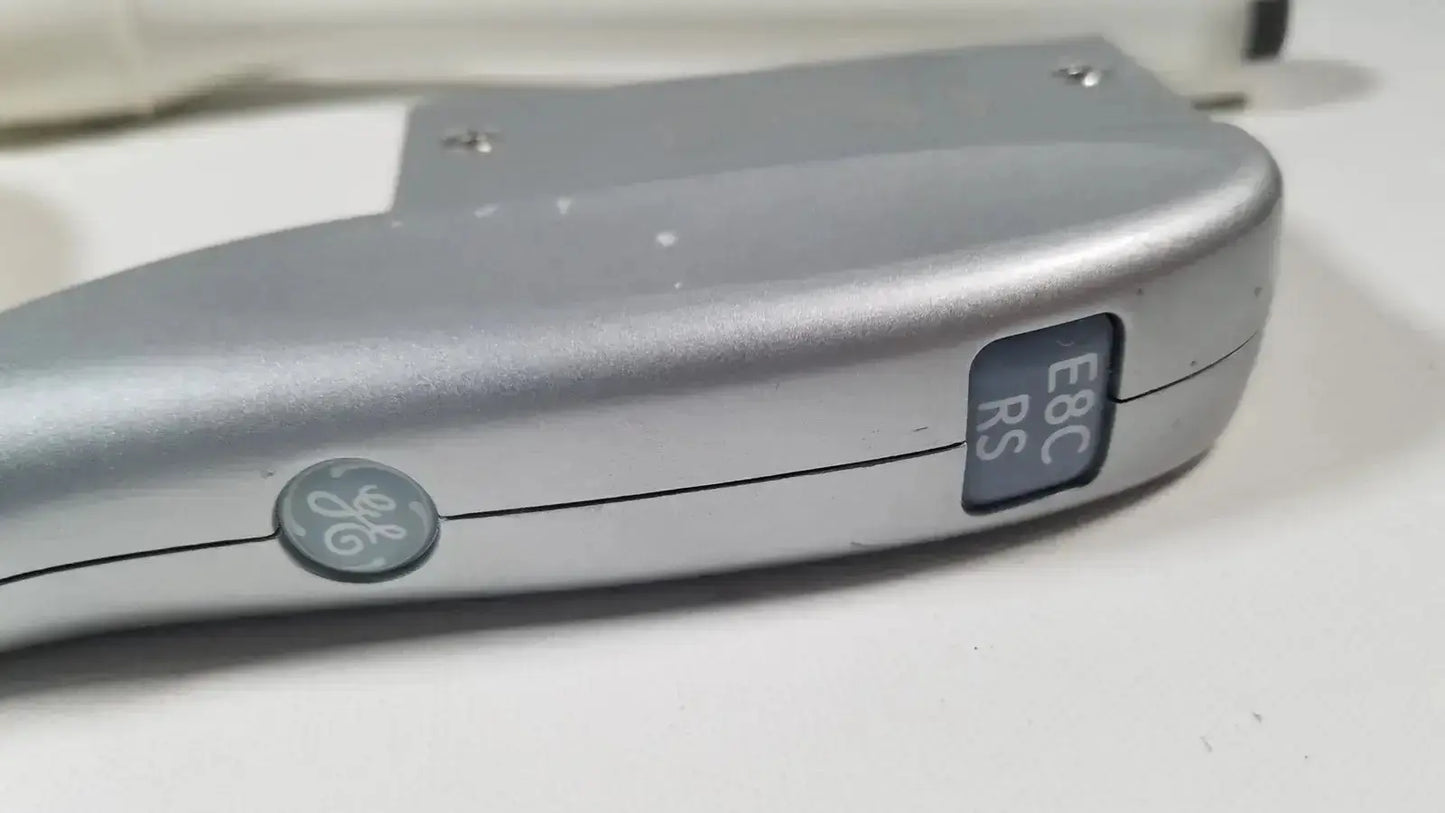 Silver ge e8c-rs endovaginal ultrasound probe with sleek metallic finish and circular logo for ultrasound imaging