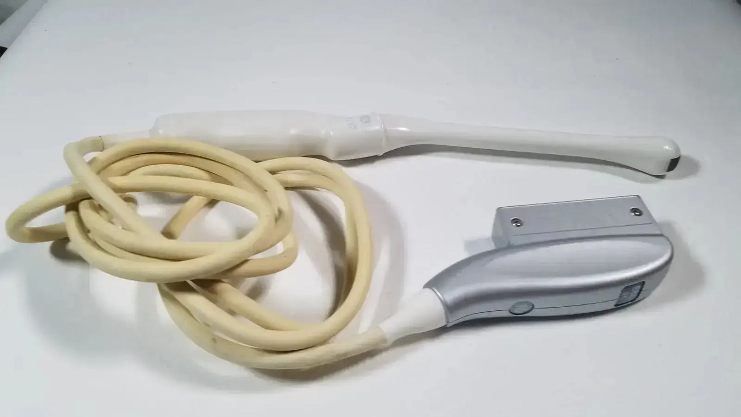 Silver and white GE e8c-rs endovaginal ultrasound probe transducer with coiled beige cable for endovaginal ultrasound use