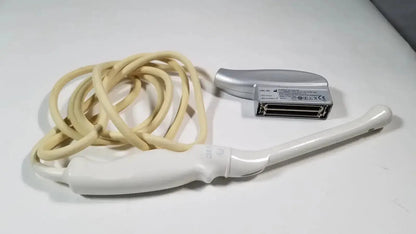White and silver GE e8c-rs endovaginal ultrasound probe with beige cable designed for endovaginal ultrasound use