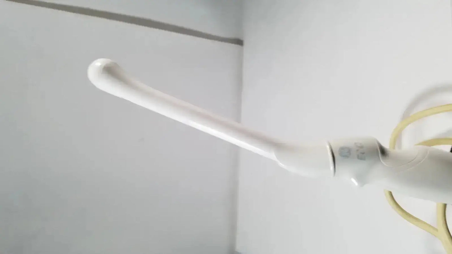 White ceramic curling iron with smooth tapered barrel and rounded handle featured in ge e8c-rs endovaginal ultrasound probe