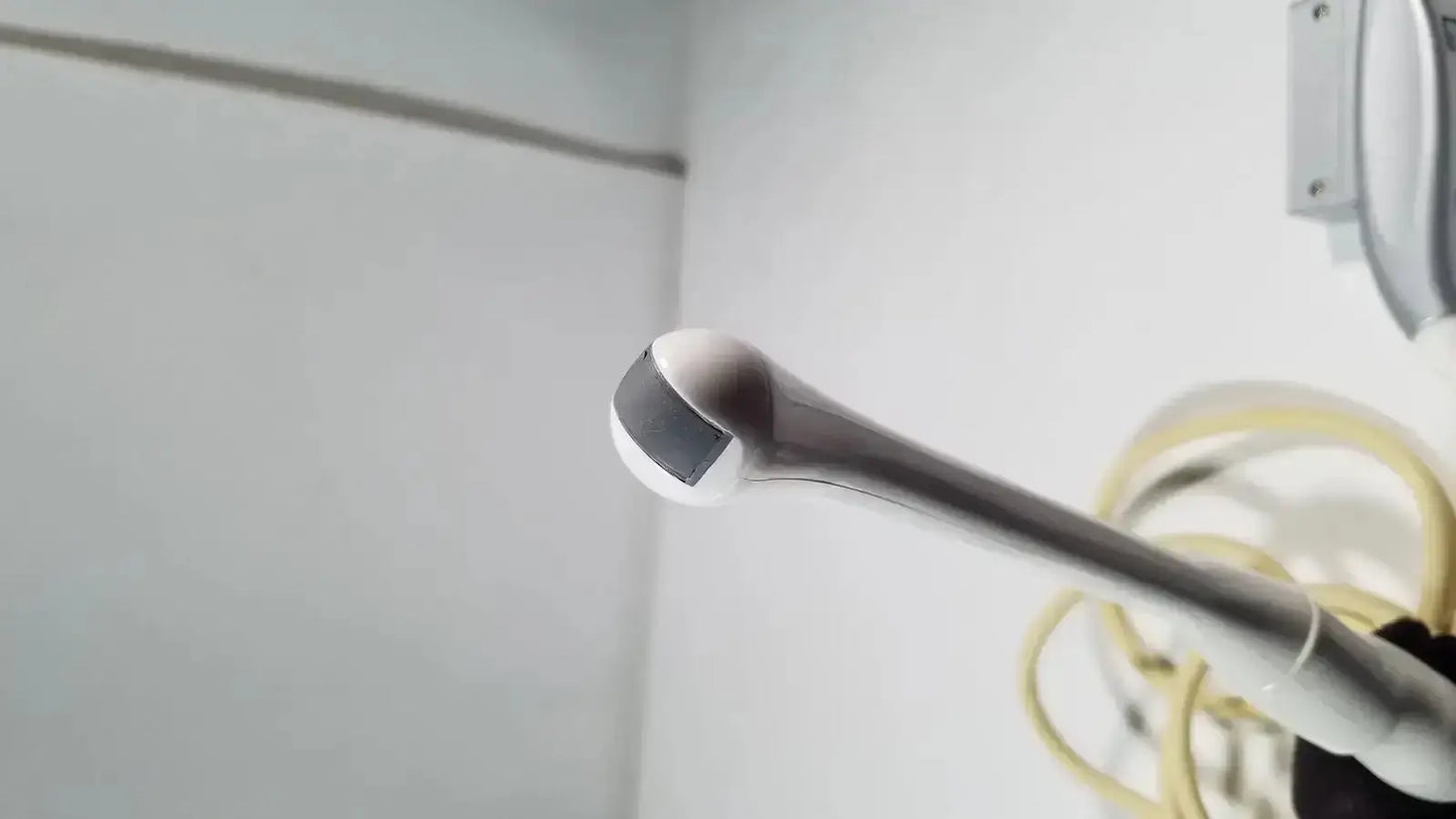 Silver metallic e8c-rs endovaginal ultrasound probe with rounded black-tipped head for endovaginal ultrasound use
