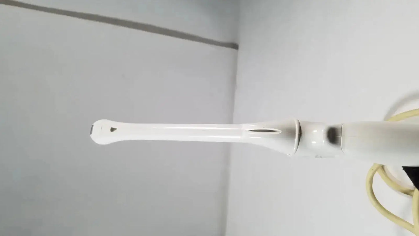 White electric toothbrush with ergonomic design and charging cord shown alongside e8c-rs endovaginal ultrasound probe transducer