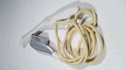 Silver-colored ge e8c-rs endovaginal ultrasound probe transducer with beige cable and rectangular label on housing