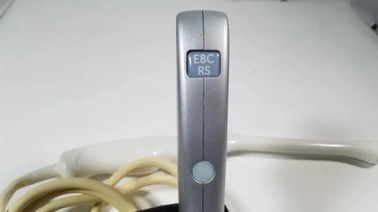 Silver-colored sleek rectangular e8c-rs endovaginal ultrasound probe remote control with matte finish and two buttons