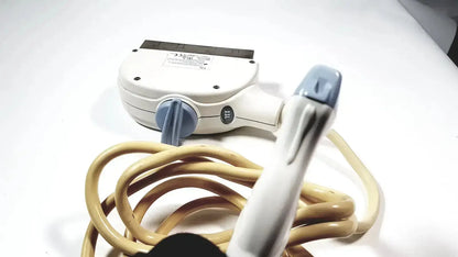 White and gray ge healthcare 11l linear array ultrasound transducer probe with beige coiled cable for medical imaging
