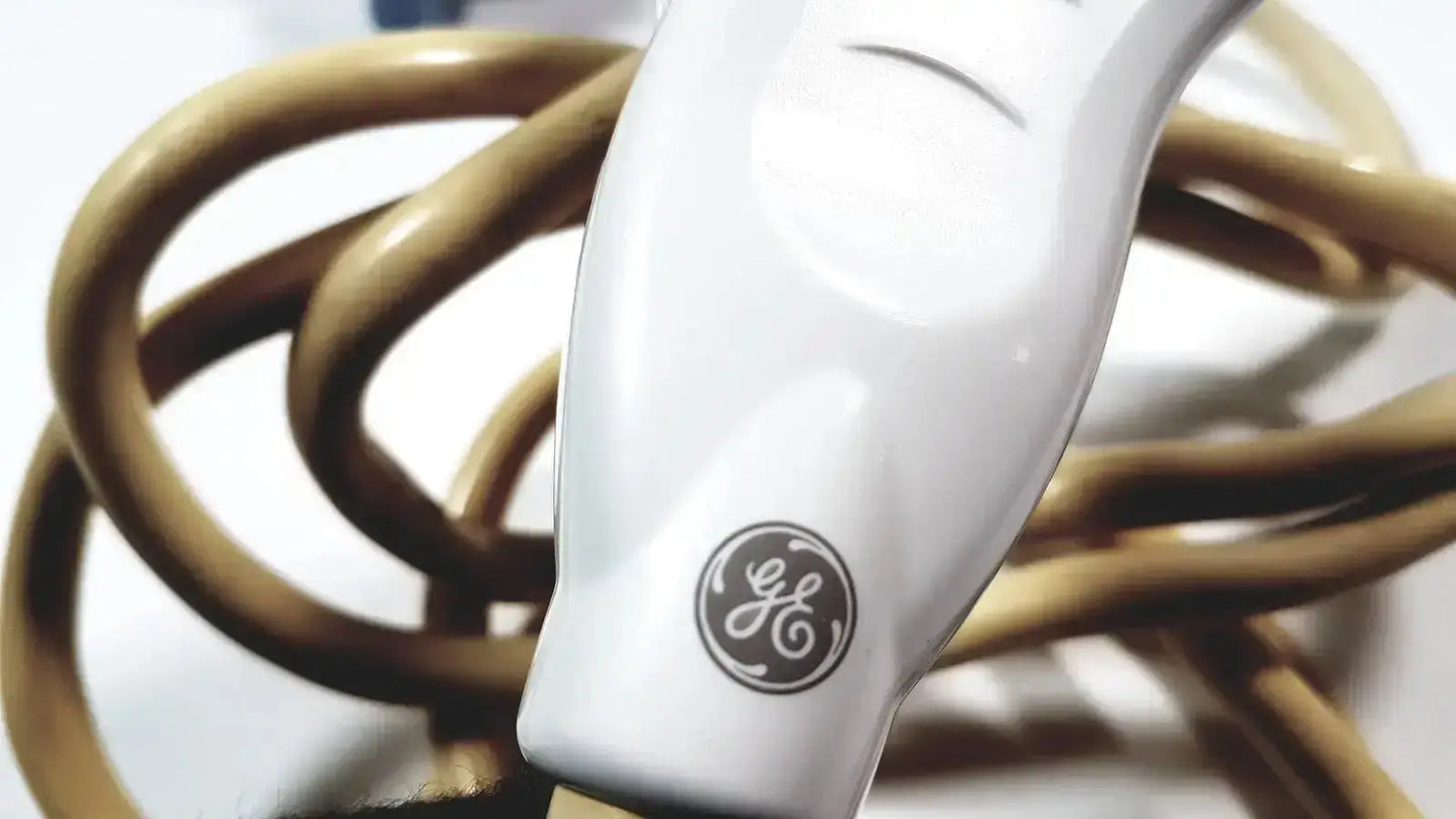 White ge healthcare 11l linear array ultrasound transducer probe with glossy handle and coiled tan electric cord