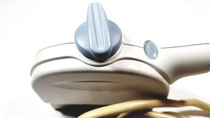 Gray plastic ge healthcare 11l linear array ultrasound transducer probe with knob oval button and coiled beige cable