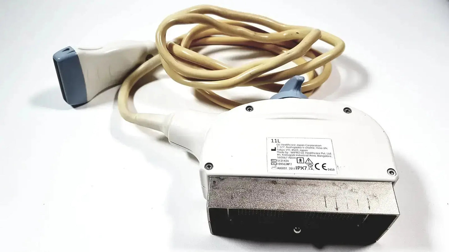Ge healthcare 11l linear array ultrasound transducer probe in white gray with beige coiled cable and metallic front panel