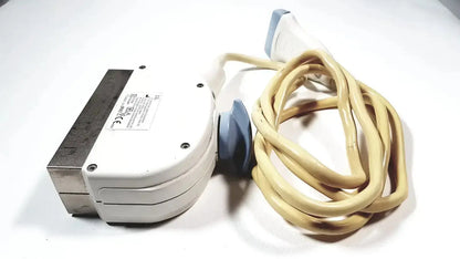 Ge healthcare 11l linear array ultrasound transducer probe in white and blue with beige coiled cable for medical use