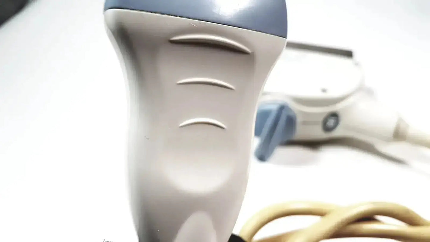 Gray and blue handheld ge healthcare 11l linear array ultrasound transducer probe with ergonomic grip design