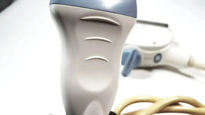 Gray and blue handheld ge healthcare 11l linear array ultrasound transducer probe with ergonomic grip design