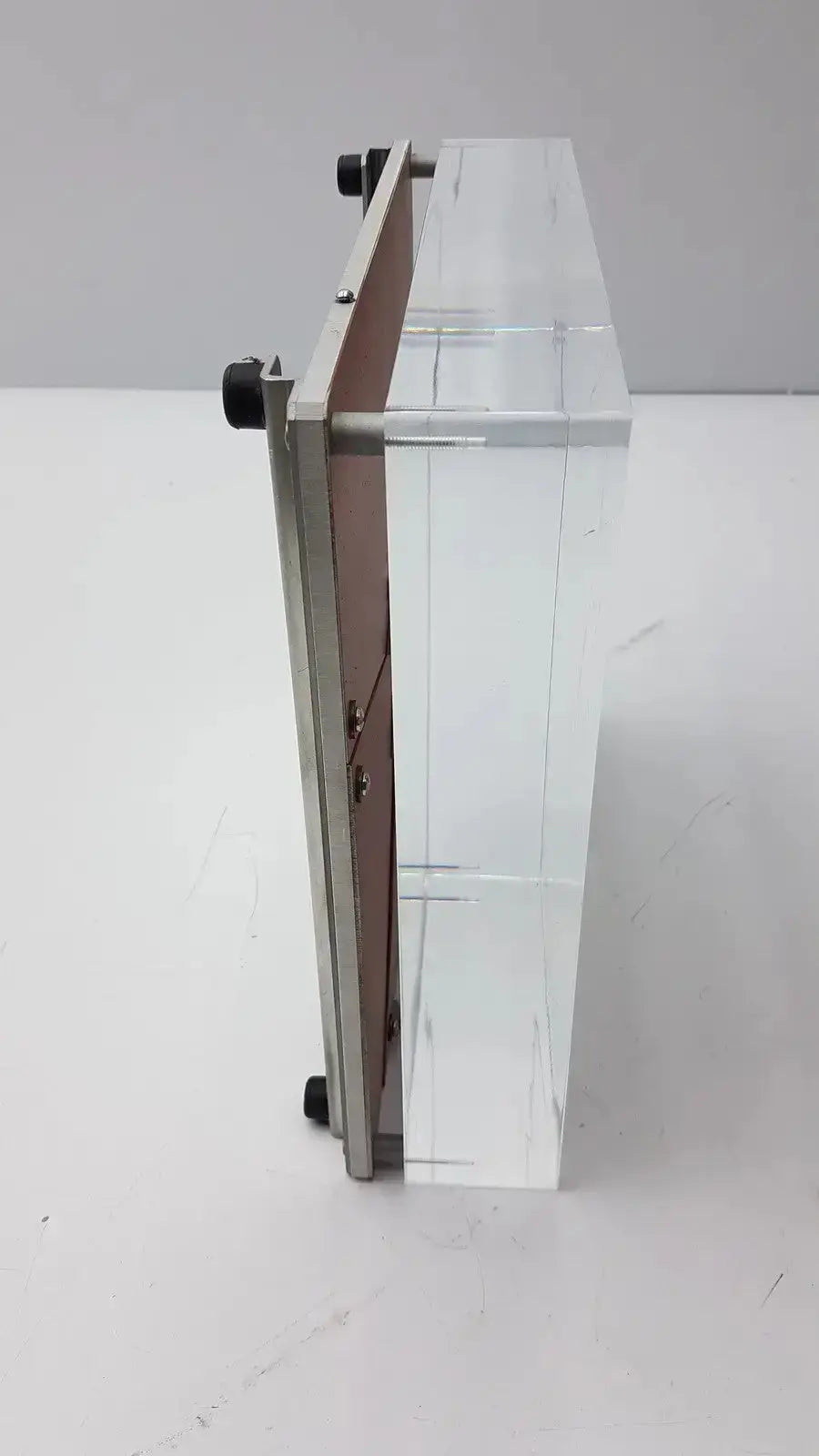 Clear acrylic block cardiovascular phantom with silver frame and black knobs by GE Healthcare for buy used medical equipment