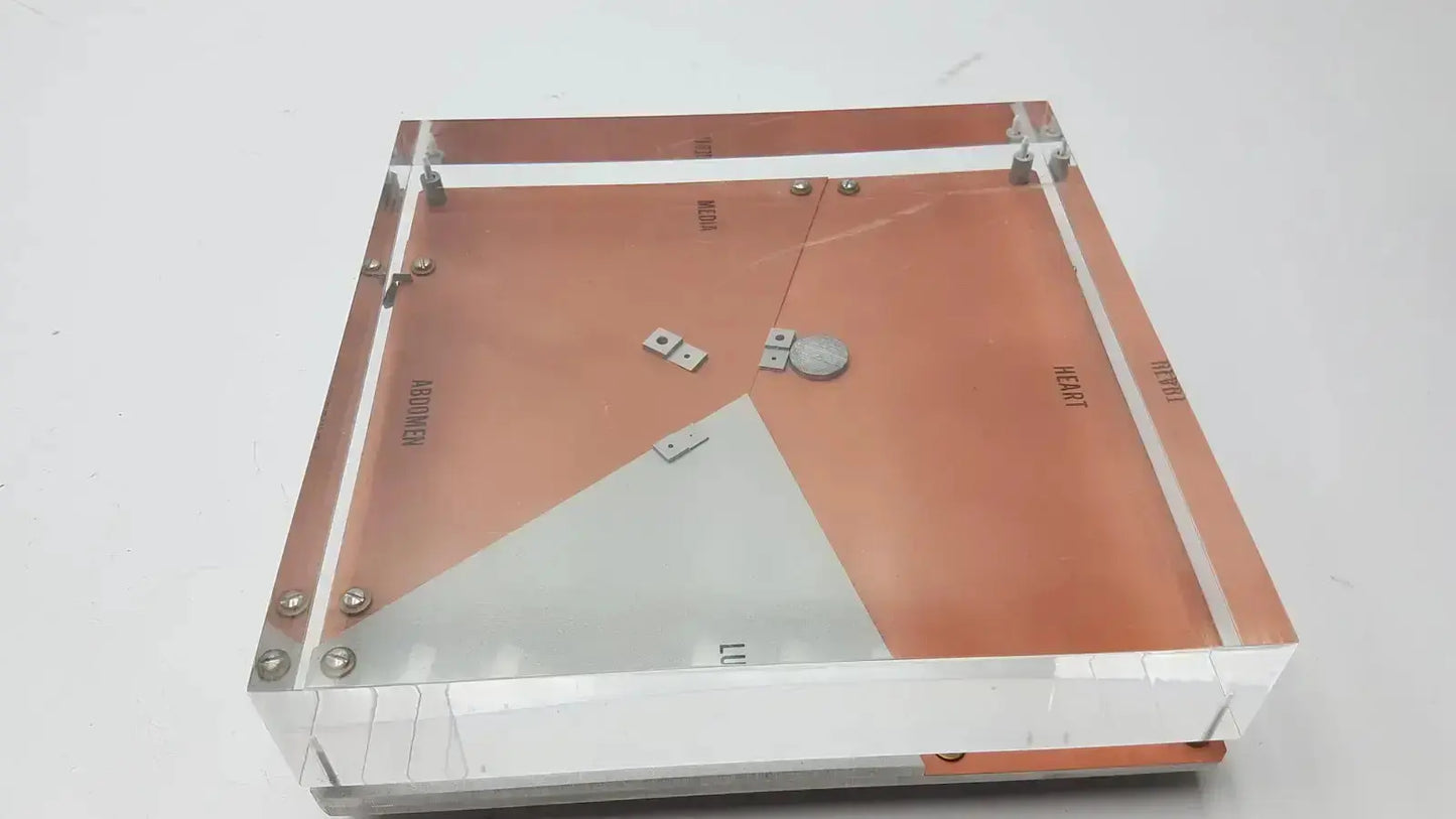 Square-shaped copper and acrylic cardiovascular phantom with transparent frame and engraved markings for buy used medical equipment