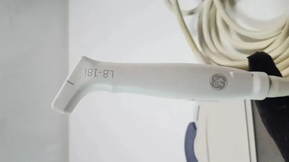 White GE L8-18i-D linear array ultrasound transducer model 18T-87 with sleek ergonomic design for precise imaging