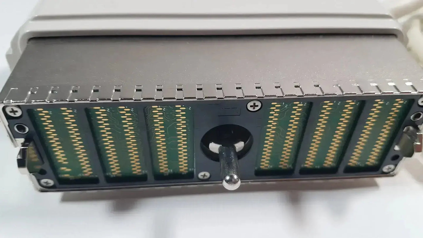 Gray metallic server rack module with green circuit boards and gold connectors for ge l8-18i-d linear array ultrasound