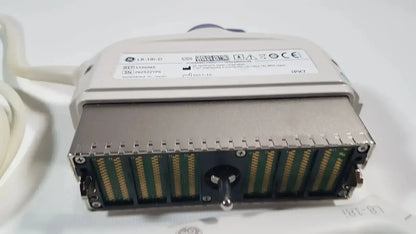 Gray metallic industrial connector with gold-plated pins and rotary knob on ge l8-18i-d linear array ultrasound device