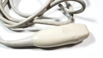 Off-white plastic GE Medical 2298593 Rev 0 phased array probe with coiled gray cable for GE Logiq and Vivid series