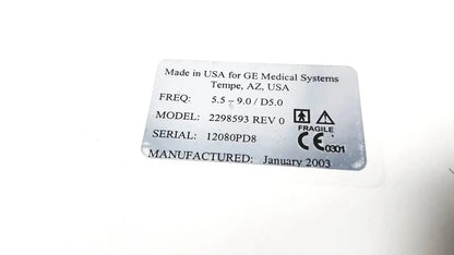 Silver metallic label with black text showing specifications for ge medical 2298593 rev 0 phased array probe