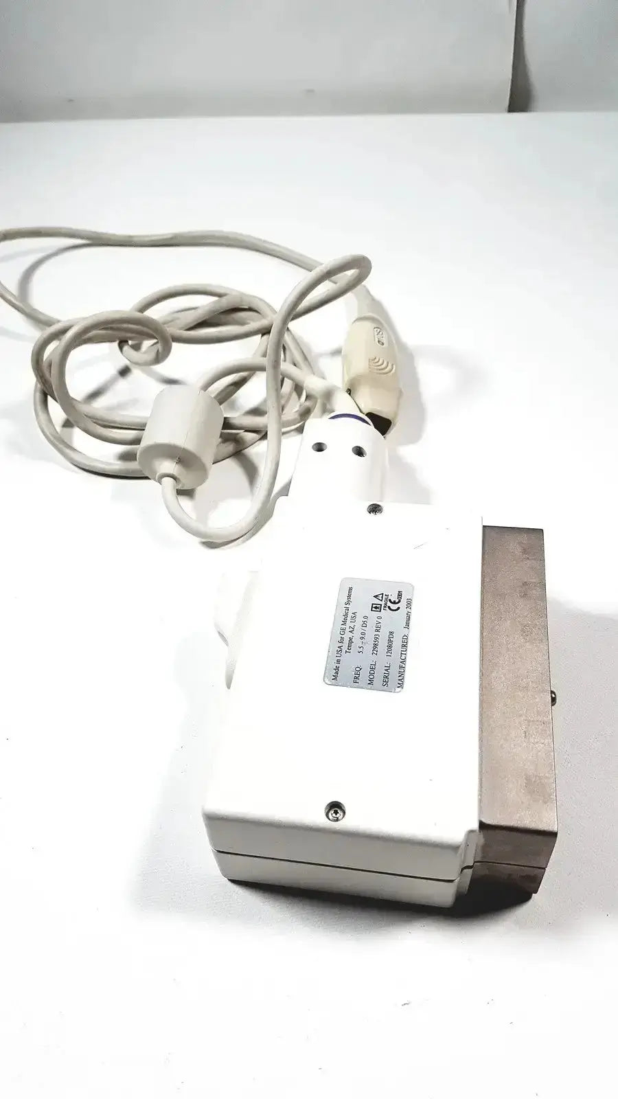 White plastic phased array probe with beige cable and metallic attachment for GE Logiq and Vivid series ultrasound machines