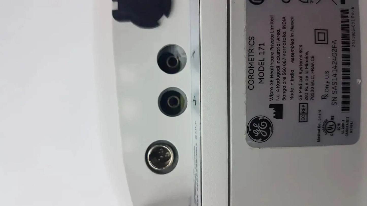 White ge corometrics model 171 external fetal monitor showing three circular ports on the side for medical use