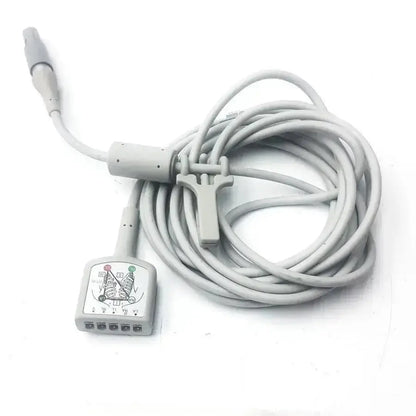 Gray medical ecg trunk cable r2424549 with coiled design, labeled connector housing, and attached clip for electrode placement