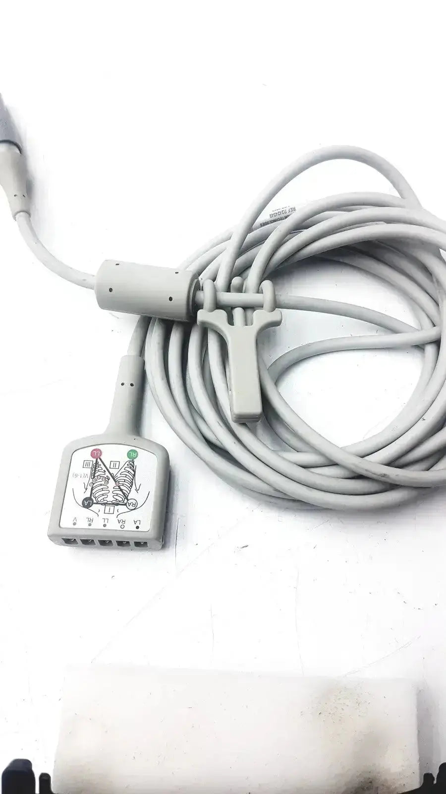 Gray GE medical ECG trunk cable R2424549 with square connector color-coded electrodes and integrated patient clip