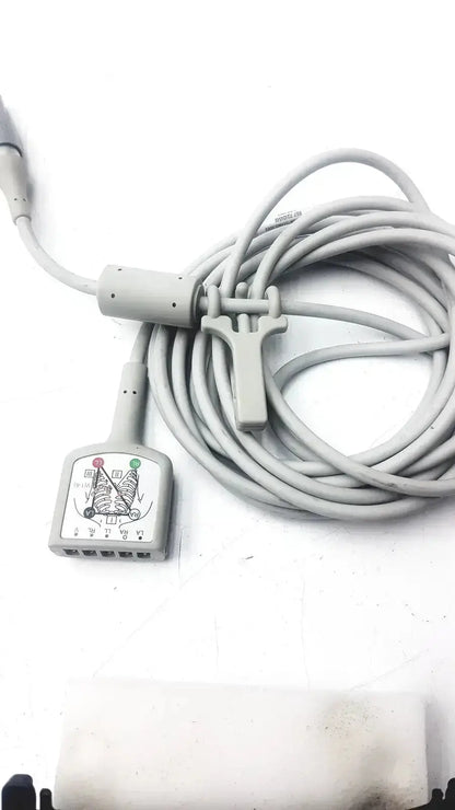 Gray GE medical ECG trunk cable R2424549 with square connector color-coded electrodes and integrated patient clip