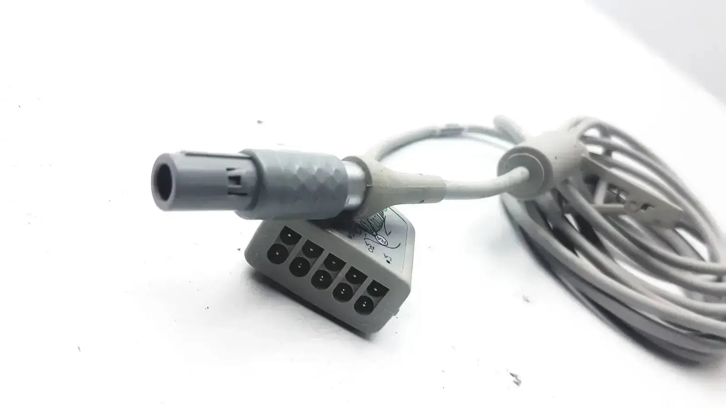 Gray medical ecg trunk cable with multi-pin connector and coiled cord for ge medical use model r2424549