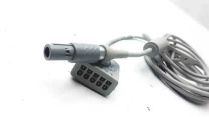 Gray medical ecg trunk cable with multi-pin connector and coiled cord for ge medical use model r2424549