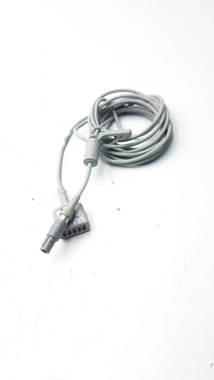 Gray coiled medical ecg trunk cable r2424549 with cylindrical plug and rectangular multi-pin connector for ecg devices