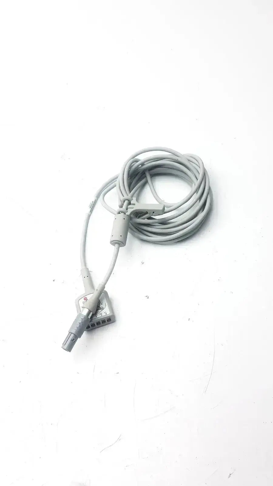 Gray medical ecg trunk cable r2424549 with two connectors featuring rectangular plug and cylindrical port