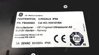 White label with black text and logos of ge medical systems footswitch 3-pedals ip68 model for medical systems use