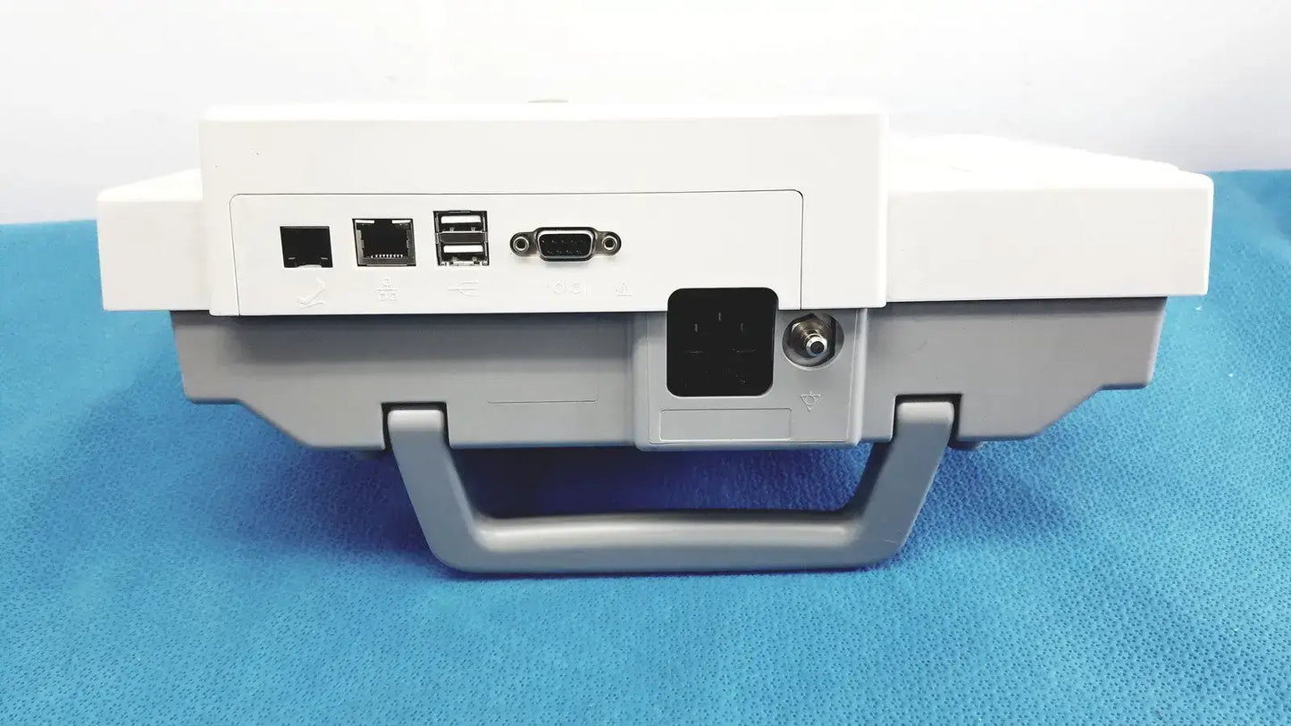 White and gray plastic back side of ge medical systems mac 800 ecg machine with usb ethernet and serial ports