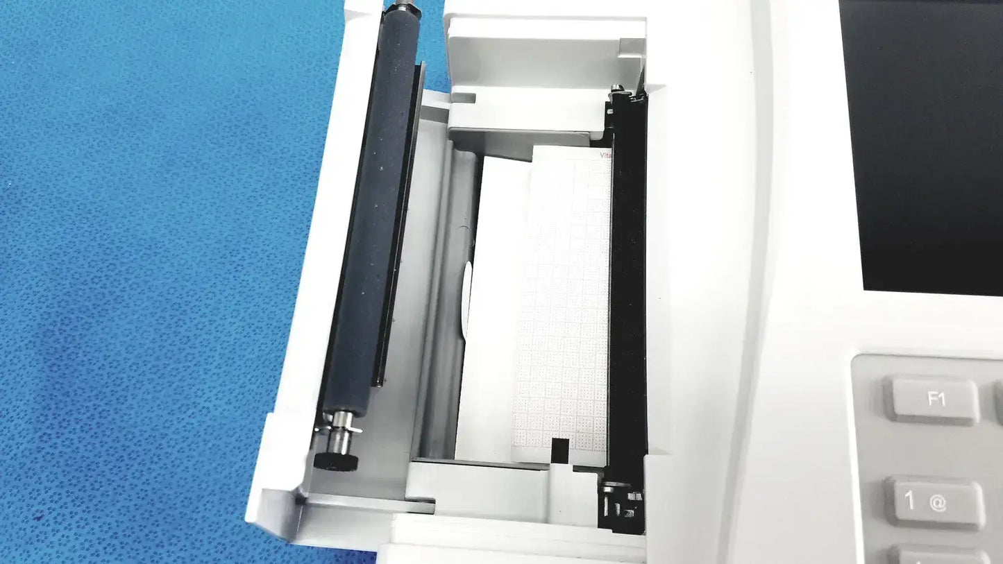 White printer with black ink cartridge and paper tray of ge medical systems mac 800 ecg machine for medical use