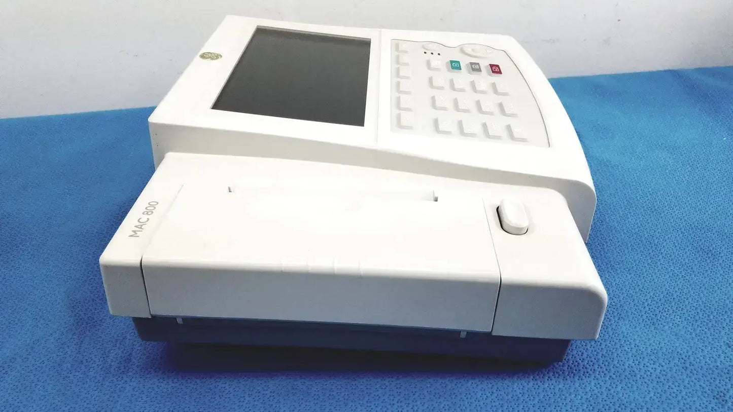White GE medical systems MAC 800 ECG machine with touchscreen, keypad, and sleek plastic casing for medical use