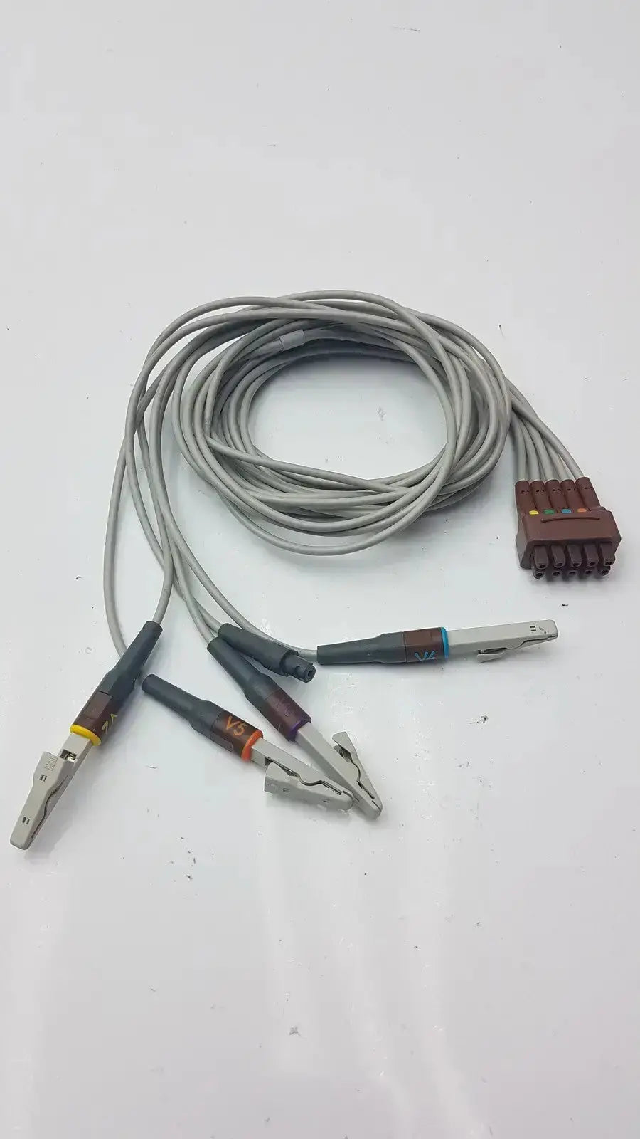 Gray coiled GE Multi-Link ECG leadwire 5-lead v2-6 with multiple alligator clips and brown multi-pin connector