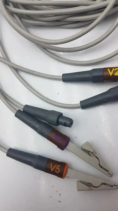 Gray coiled multi-link ecg leadwire 5-lead v2-6 with black and orange labeled connectors and metal alligator clips