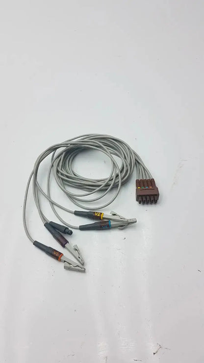 Gray coiled GE multi-link ecg leadwire 5-lead v2-6 with multiple alligator clips and a brown multi-pin connector