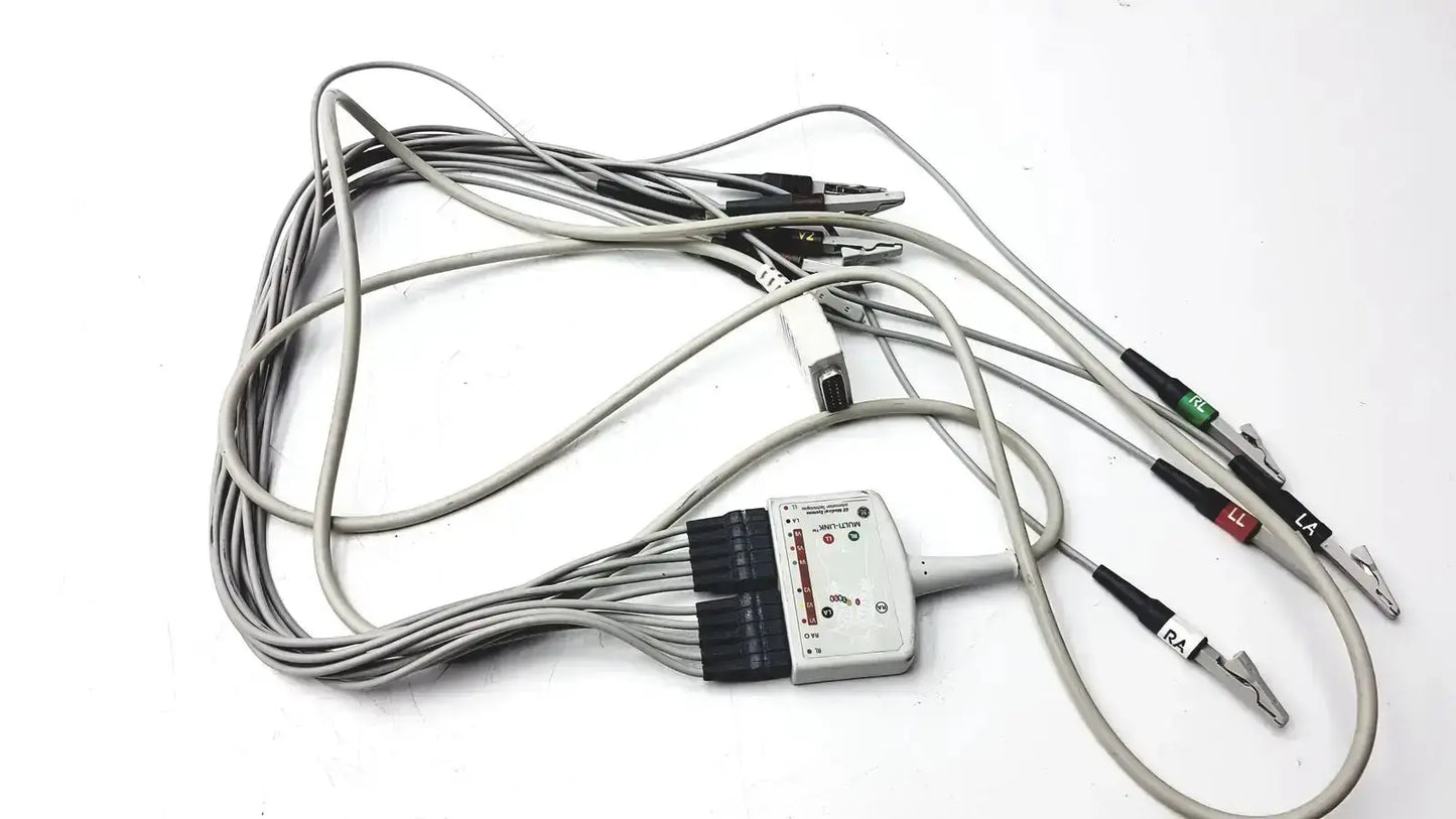 Gray GE multi-link Marquette EKG 10 lead trunk cable with labeled black and white connectors for ra la and ll electrodes
