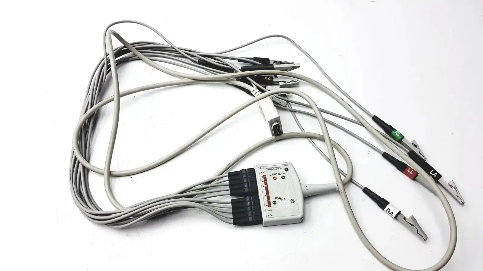 Gray GE multi-link Marquette EKG 10 lead trunk cable with labeled black and white connectors for ra la and ll electrodes