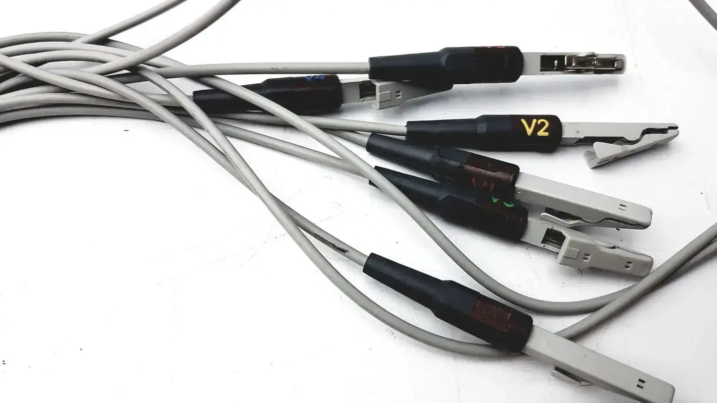 Gray coiled lead trunk cable with black insulated handles and metallic alligator clips for GE multi-link marquette EKG use