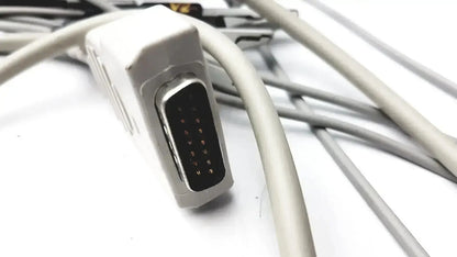 Gray vga lead trunk cable with white plastic connector housing and black metallic pins for ge multiiink marquette ekg use