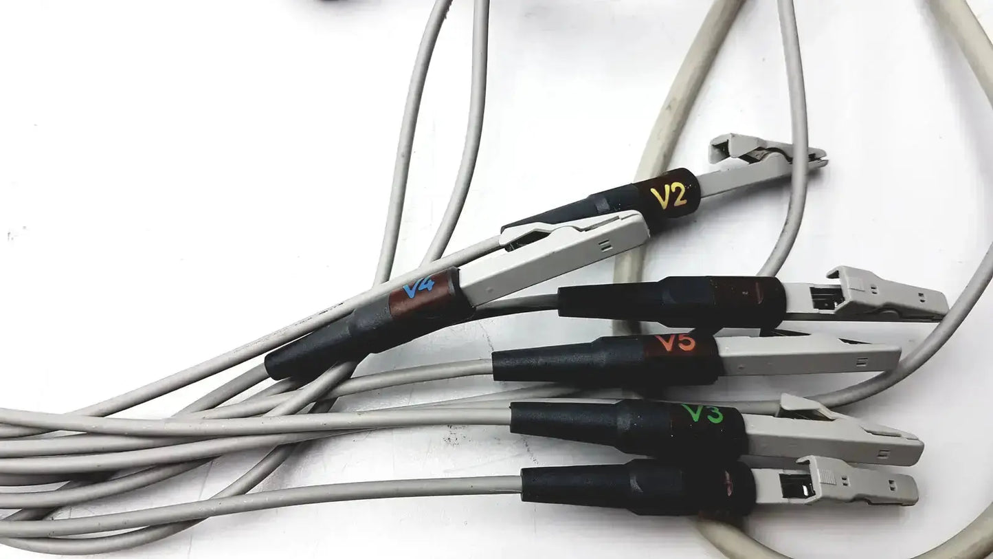 Gray lead trunk cable with black insulated probes labeled v1 to v4 for GE Multi-Link Marquette EKG 10 lead trunk cable