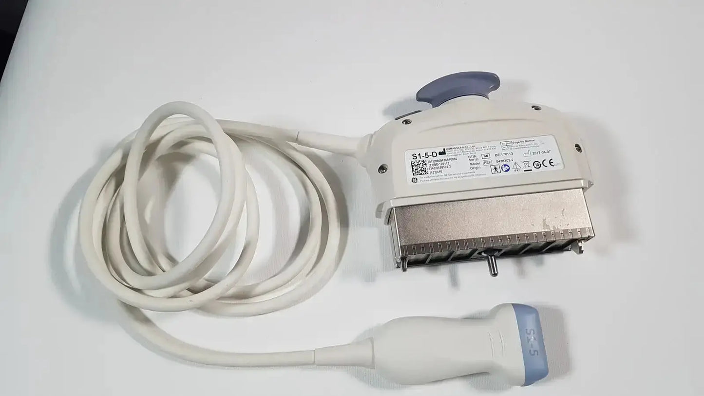 White and light blue GE s1-5-d phased array ultrasound probe with coiled cable for medical imaging use
