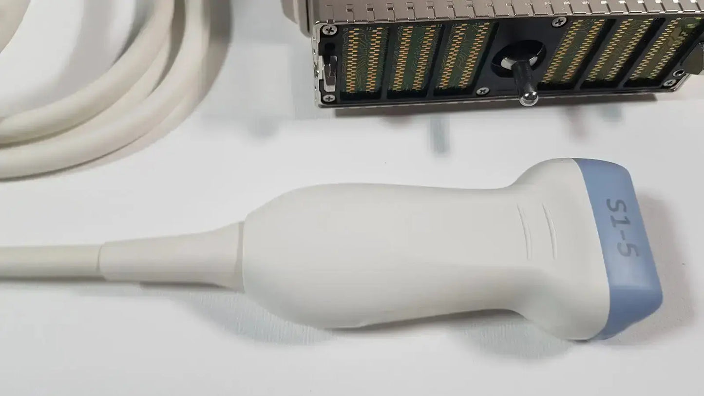 White and light blue ge s1-5-d phased array ultrasound probe with s1-5 printed on its side for diagnostic imaging