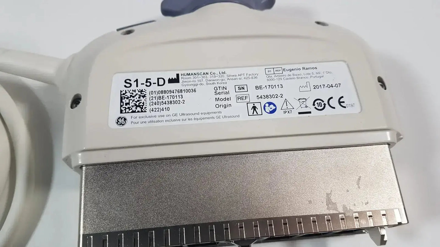 Gray plastic ge s1-5-d phased array ultrasound probe with metallic connector and label showing model and certification marks