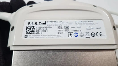 White plastic ge s1-5-d phased array ultrasound machine with label showing model serial number and regulatory markings