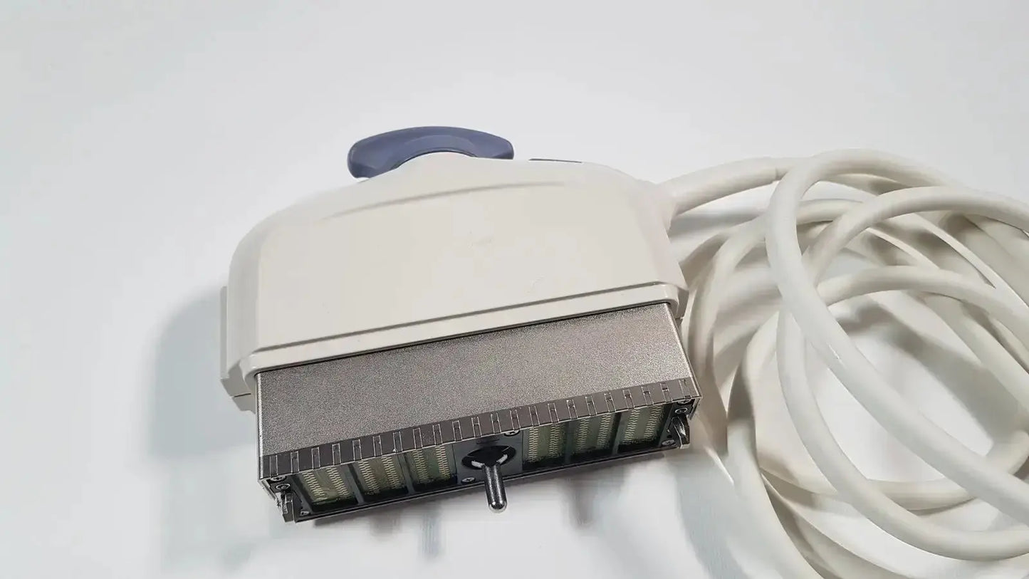 Beige and gray phased array ultrasound probe s1-5-d with blue handle for medical imaging by GE