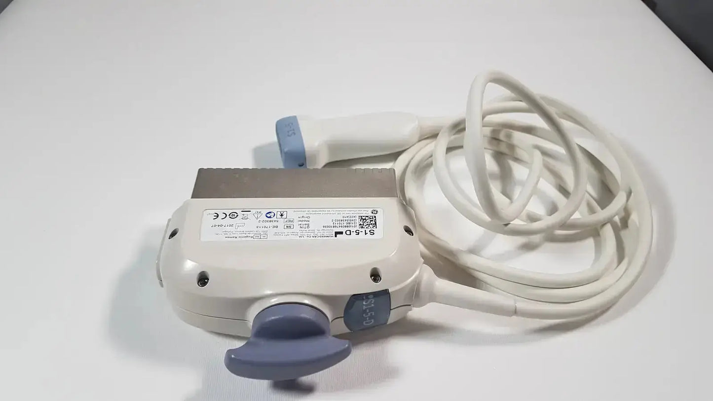 White and gray gep s1-5-d phased array ultrasound probe with coiled cable and blue control knobs for medical imaging