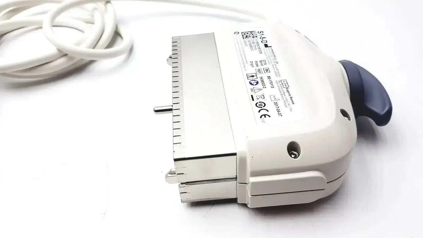 GE S1-5-D ultrasound transducer probe with white and blue medical device and coiled white cable with metallic connectors